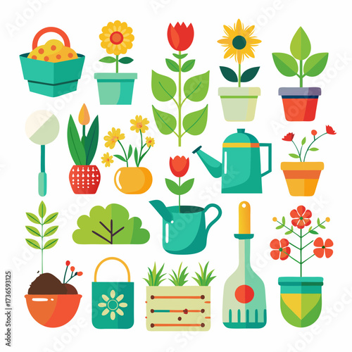 Collection of flat design plants and gardening tools