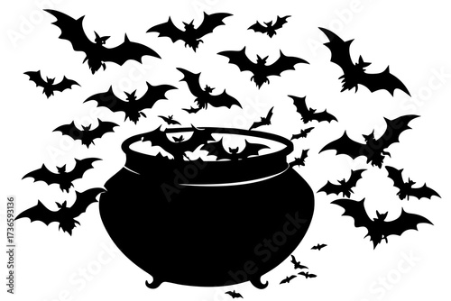 Black silhouette cauldron with bats flying out and around