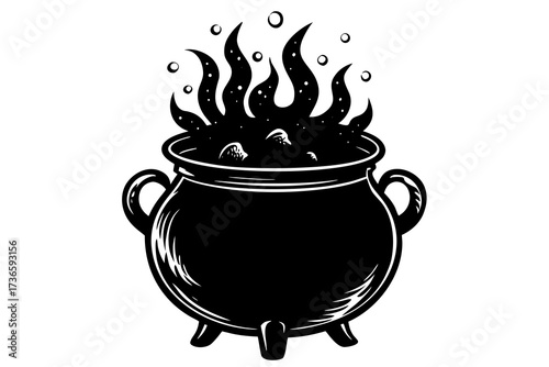 Black silhouette of a bubbling cauldron with steam and bubbles