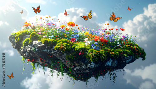 floating moss rock with colorful flowers and butterflies, dreamy magical