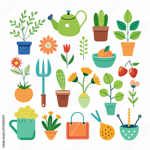 Colorful vector illustration of various gardening elements on white
