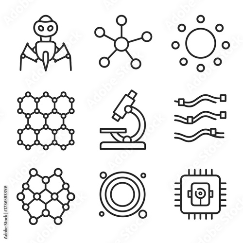 Set nanowire lattice icon scanning dot vector microchip quantum nano structure nanotechnology