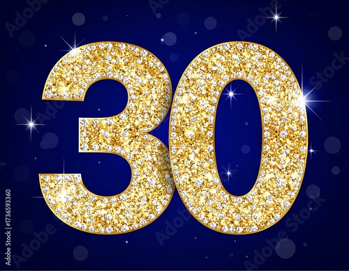 Gold glitter diamonds number thirty on dark blue background