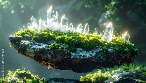 isolated floating rock with small pine trees and waterfall, magical diorama