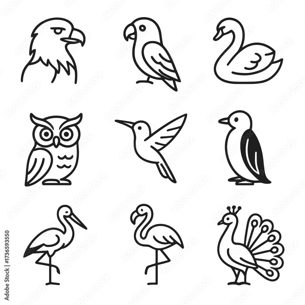 Obraz premium Eagle grid bird parrot peacock stork vector owl icon swan hummingbird flamingo