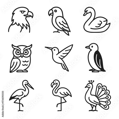 Fototapeta Naklejka Na Ścianę i Meble -  Eagle grid bird parrot peacock stork vector owl icon swan hummingbird flamingo