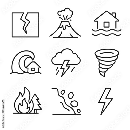 Icons earthquake wave icon vector natural lightning tornado tsunami landslide disasters crack