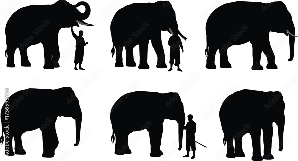 Naklejka premium Elephant silhouettes with human figures, cultural interaction, wildlife concept, black vector illustration, symbolic parable, minimalist design, animal perception, traditional storytelling art