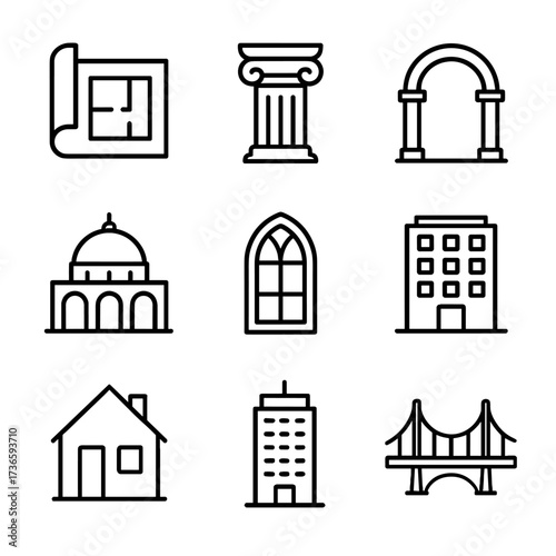 Architecture house skyscraper building icon bridge dome modern arch blueprint vector column