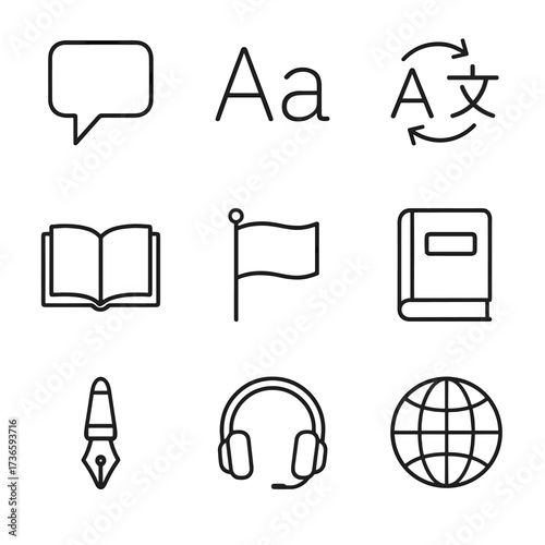 Icon flag pen grid language alphabet bubble arrows translation icons dictionary letters