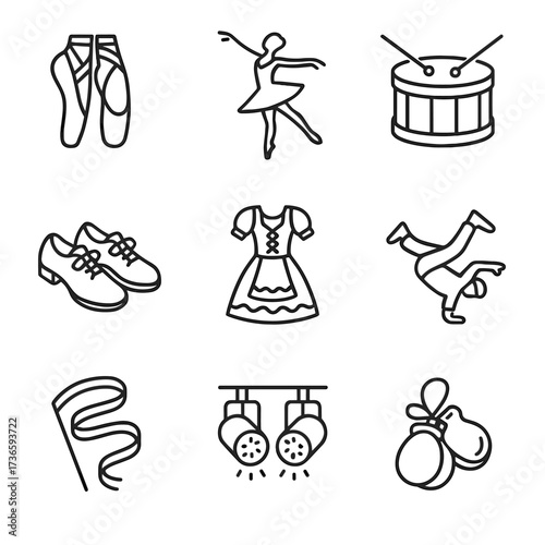 Dance icon set drum dancer silhouette shoes tap castanets stage vector ribbon