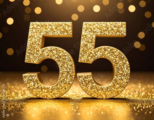 Gold glitter number 55 on a sparkling background