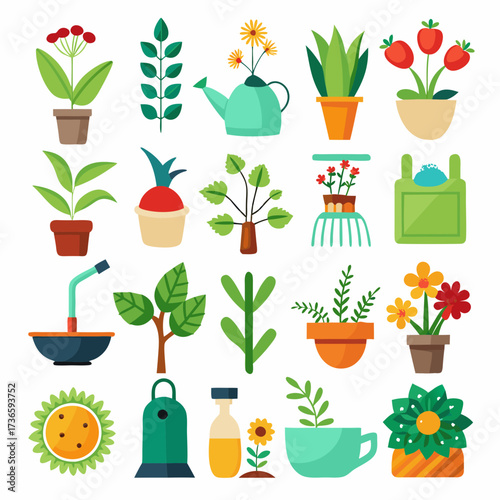Collection of potted plants and gardening tools in flat style