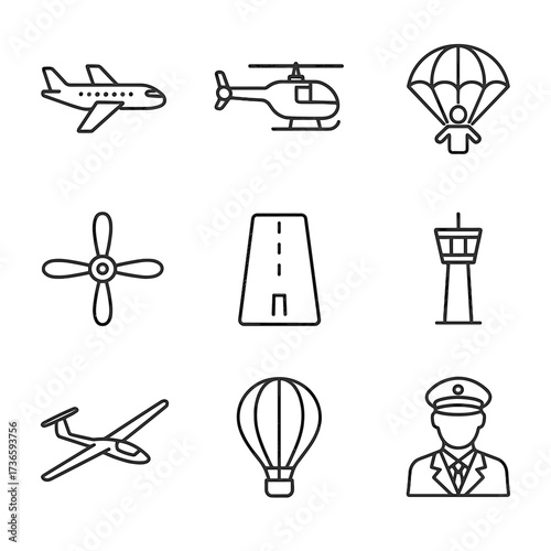 Vector air icon airplane tower aviation helicopter set hot glider runway control