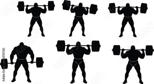 Barbell silhouette, muscular figure, strength training, fitness workout, bodybuilding pose, powerlifting exercise, black vector art, gym illustration, weightlifting concept, athletic design