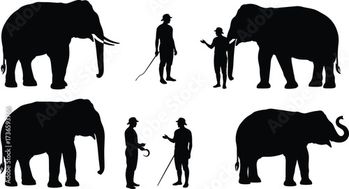 Elephant silhouette, human interaction, wildlife training, cultural bond, animal behavior, safari concept, black vector art, nature relationship, tribal tradition, minimalist wildlife illustration