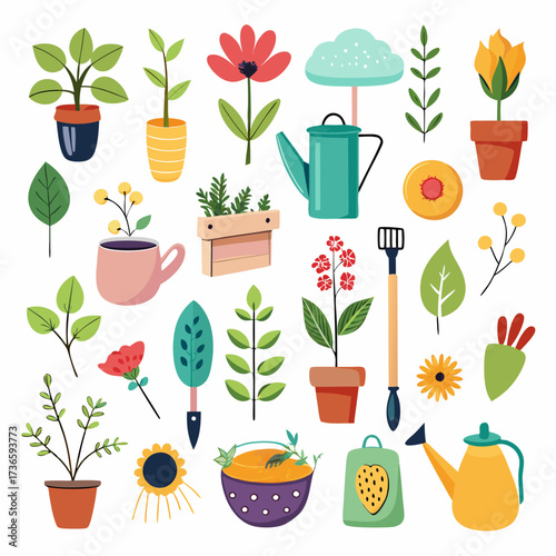 Collection of gardening tools and plants on white background