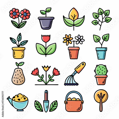 Collection of gardening icons in cartoon outline style