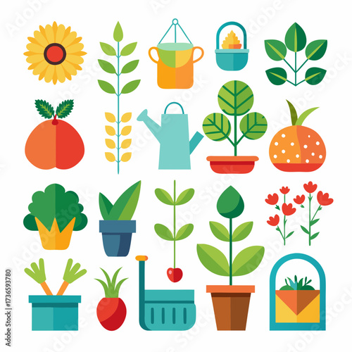Flat vector gardening icons with flowers and vegetables plants