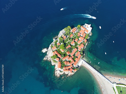 Fototapeta Naklejka Na Ścianę i Meble -  A drone view of Sveti Stefan Island in Montenegro