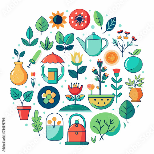 Circular arrangement of plants and gardening tools illustration