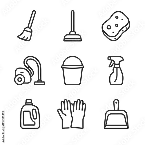 Sponge mop cleaning cleaner grid icon detergent spray vacuum bottle vector icons