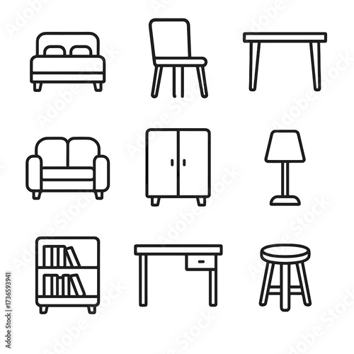 Icon chair bed wardrobe modern sofa furniture vector desk stool table bookshelf