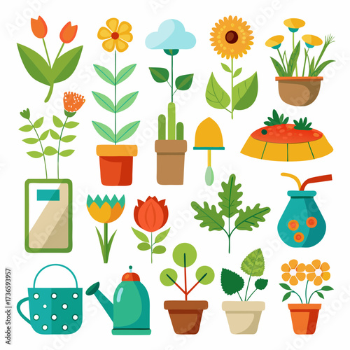 Vector illustration of gardening tools and plants on white