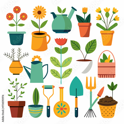 Assorted flowers in pots and gardening equipment arrangement