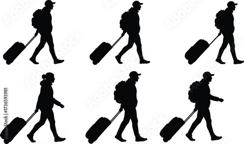 Silhouette travelers walking with luggage, backpack and cap, airport journey, tourism concept, travel lifestyle, motion pose, black isolated vector illustration