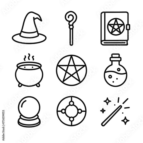 Set wand vector cauldron spark wizardry circle staff potion spellbook pentagram icon