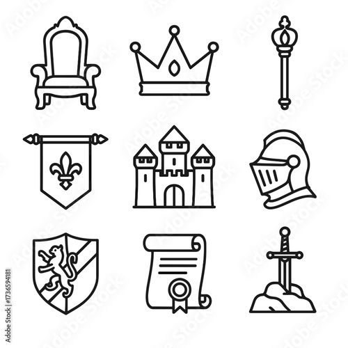 Arms coat icon scepter kingdom scroll icons banner fantasy vector throne stone