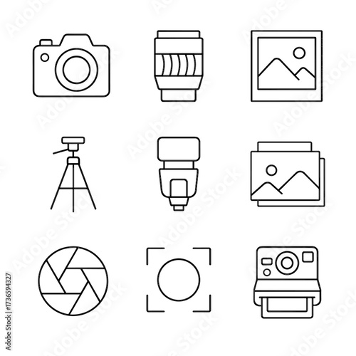 Instant photography gallery focus icon target dslr frame lens tripod vector set