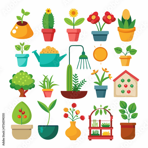 Collection of illustrated potted plants and gardening elements