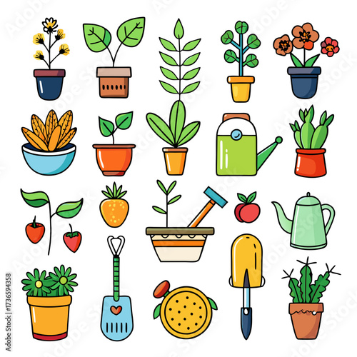 Collection of cartoon plants and gardening tools illustration