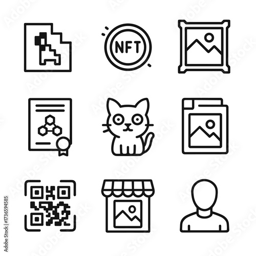 Icon token gallery blockchain frame pixel nft certificate grid vector card