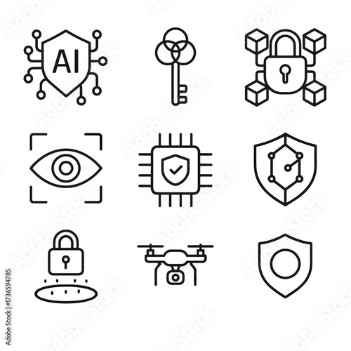 Blockchain trust security biometric vector icons shield future quantum surveillance nano icon