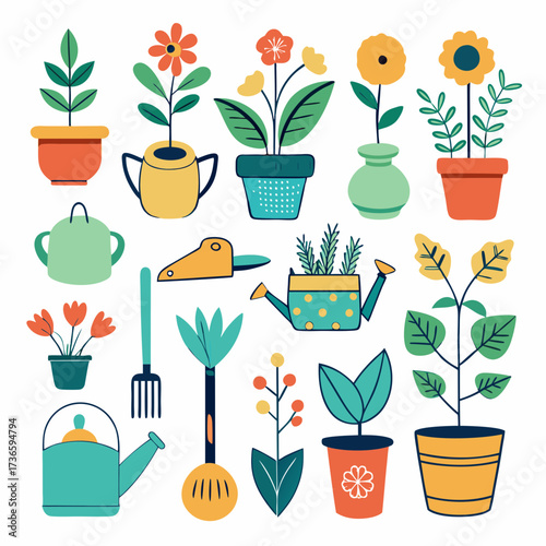 Quirky illustration of flowers, plants, and gardening equipment