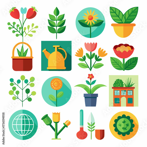 Collection of flat vector gardening icons and elements design