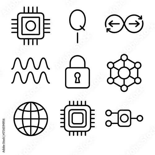 Atom quantum circuit icons qubit superposition computing entanglement processor icon chip vector