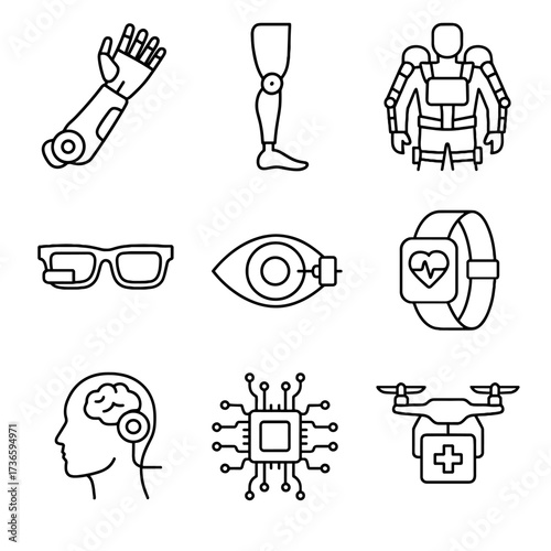 Prosthetic exoskeleton vector icon arm bionics sensors set leg medical chip neural