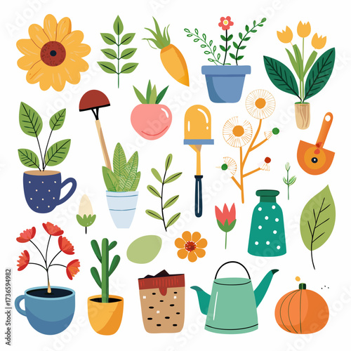Colorful gardening tools and plants illustration in flat style