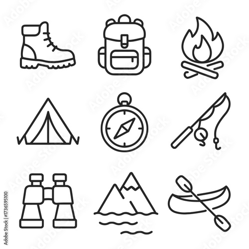 Outdoor boot activity peak vector tent icons backpack icon hiking campfire mountain