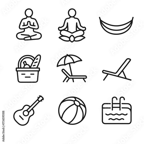 Set hammock guitar umbrella icon lotus beach deck yoga basket vector relaxation