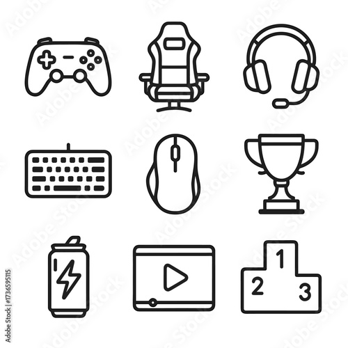 Headset set energy gaming vector controller livestream leaderboard icon trophy esports mouse