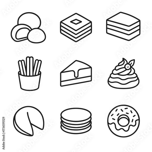 Icon pavlova vector dessert cookie churros slice donut tiramisu grid fortune baklava