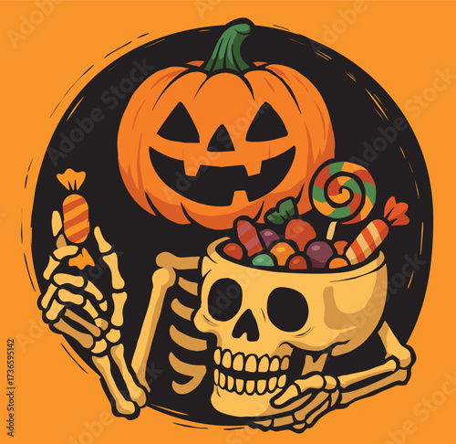Spooky Halloween Illustration with Smiling Pumpkin, Skeleton Hands, and Skull Shaped Candy Bowl Filled with Colorful Sweets and Lollipops on Vibrant Orange Background