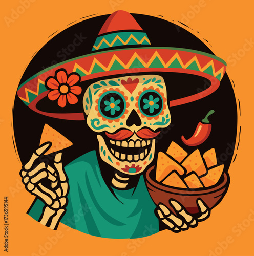 A skeleton in a sombrero with nachos. A decorated skeleton in a traditional Mexican sombrero. The skeleton holds a bowl of nachos and a triangular chip with red pepper. Celebrating Dia de Muertos