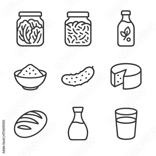 Icon sauerkraut bowl sourdough foods bottle kefir vector fermented jar cucumber cheese