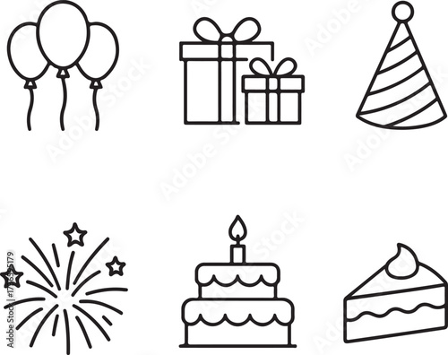 Festival and celebration liner icon set, balloons, gifts, party hat, fireworks, cake vector